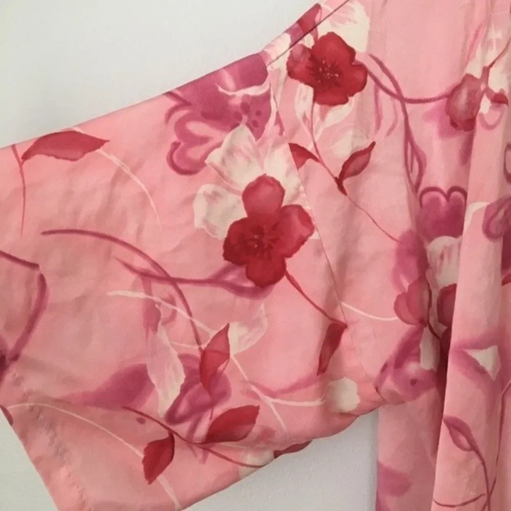 Vtg Y2k California Dynasty pink Floral Kaftan Casual 1-size wrap silky Robe Lady